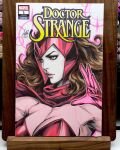  1girl avengers_(series) bodystocking breasts brown_hair cape cleavage commentary cover_sketch english_commentary gloves green_eyes highres large_breasts long_hair looking_ahead marker_(medium) marvel parted_lips photo_(medium) red_cape red_gloves scarlet_witch signature solo stanley_lau traditional_media upper_body 