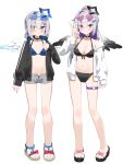  2girls amane_kanata amane_konata bikini black_bikini black_jacket black_wings blue_bikini blue_eyes blue_halo blush breasts commentary_request eyewear_on_head full_body grey_hair grey_shorts halo halterneck hand_up highres hololive jacket long_hair long_sleeves looking_at_viewer medium_breasts multiple_girls open_clothes open_jacket ponytail purple_eyes sandals short_hair short_shorts shorts simple_background small_breasts smile standing swimsuit thigh_strap tinted_eyewear v virtual_youtuber white_background white_jacket white_wings wings yoru_no_yayoi 