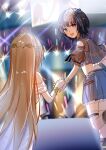  2girls absurdres aoi_erika aoi_erika_(brilliant_ultimate_idol) bangle black_hair blue_eyes bracelet commentary dress from_behind gloves glowstick gold_tiara heaven_burns_red highres holding_hands jewelry kayamori_ruka kayamori_ruka_(luminous_songstress) kr_woyue long_hair multiple_girls open_mouth short_hair single_bare_shoulder thighhighs tiara untranslatable_commentary white_dress white_gloves white_thighhighs 