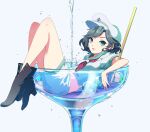  1girl air_bubble anchor_symbol black_boots black_hair boots breasts bubble commentary_request cup dated drinking_glass full_body green_eyes green_sailor_collar hat highres hishaku in_container in_cup knees_up looking_at_viewer lying medium_breasts midriff_peek mini_person minigirl murasa_minamitsu neckerchief on_back orb parted_lips red_neckerchief sailor sailor_collar sailor_hat shirt short_hair short_sleeves shorts signature simple_background smile solo tami_(joemanyodw) touhou water white_background white_shirt white_shorts 