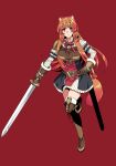  1girl animal_ear_fluff animal_ears armor bad_id bad_pixiv_id belt black_dress boots breasts brown_armor brown_belt brown_boots brown_gloves brown_hair chest_guard closed_mouth collared_dress colored_tips dress elbow_gloves frilled_arm_cuffs frown full_body fur-trimmed_boots fur-trimmed_gloves fur_trim gloves gold_trim gradient_hair hair_tubes hand_up high_collar highres holding holding_sword holding_weapon large_breasts layered_dress leather leather_armor leather_boots leather_gloves leg_up long_hair long_sidelocks long_sleeves looking_at_viewer metal_arm_cuffs metal_hair_tubes metal_wrist_cuffs minami_seira multicolored_hair neck_ribbon official_art open_collar pauldrons pink_lips pinstripe_dress pinstripe_pattern promotional_art raccoon_ears raccoon_girl raccoon_tail raphtalia red_background red_dress red_eyes red_hair red_ribbon ribbon scabbard sheath short_dress shoulder_armor sidelocks simple_background single_pauldron sleeveless sleeveless_dress solo split_mouth standing standing_on_one_leg swept_bangs sword tail tanuki tate_no_yuusha_no_nariagari thigh_boots two-tone_dress v-shaped_eyebrows weapon white_dress 