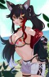  1girl absurdres animal_ear_fluff animal_ears beach bikini black_hair black_jacket breasts commentary cowboy_shot highres hololive jacket leaf long_hair medium_breasts ookami_mio ookami_mio_(hololive_summer_2019) open_mouth outdoors plant ponytail red_hair shorts solo standing swimsuit tail tukijika virtual_youtuber white_bikini white_shorts wolf_ears wolf_girl wolf_tail yellow_eyes 