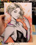  1girl art_tools_in_frame artist's_hand_in_frame asymmetrical_hair blonde_hair blue_eyes bodysuit breasts commentary english_commentary gwen_stacy highres looking_at_viewer marker_(medium) marvel medium_hair multicolored_bodysuit photo_(medium) sidecut signature solo spider-gwen spider-man_(series) spider-verse spider_web_print stanley_lau traditional_media undercut white_bodysuit 