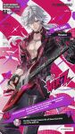  belt chain chain_bracelet commentary english_commentary gloves grey_hair grin guitar heterochromia highres holding holding_guitar holding_instrument instrument leather leather_pants looking_at_viewer low_ponytail official_art open_clothes open_shirt pants ponytail punishing:_gray_raven red_eyes roland_(pgr) smile speech_bubble yellow_eyes 