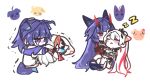  2girls ahoge armor chibi commentary doodle_inset dress earrings full_body hair_ornament highres holding honkai_(series) honkai_impact_3rd horns jewelry kemonomimi_mode kiana_kaslana kiana_kaslana_(herrscher_of_flamescion) kiana_kaslana_(void_drifter) long_hair looking_at_another mafuena_getkon multicolored_hair multiple_girls ponytail purple_eyes purple_hair raiden_mei raiden_mei_(herrscher_of_thunder) raiden_mei_(striker_fulminata) red_horns shirt streaked_hair tearing_up untranslatable_commentary very_long_hair white_background white_hair yuri 