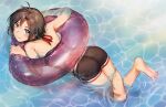  1girl antenna_hair ass barefoot bikini bikini_shorts black_bikini black_hair closed_mouth commentary_request feet from_behind full_body grey_eyes highres idolmaster idolmaster_(classic) innertube kikuchi_makoto looking_at_viewer looking_back male_swimwear mihen short_hair shorts smile soles solo swim_ring swimming swimsuit toenails toes turning_head water 