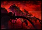  5boys acid_bufferzone artist_name black_border border cable dystopia foot_dangle masahiro_ito multiple_boys red_background russian_text science_fiction sign sitting torture traditional_media 