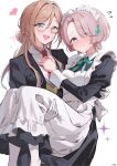  2girls absurdres arimura_mao bespectacled black_dress black_jacket blue_eyes blush brown_hair butler carrying commentary_request crossdressing crossdressing_(ftm) dress enmaided eyes_visible_through_hair female_butler flying_sweatdrops gakuen_idolmaster glasses gloves green_ribbon hair_over_one_eye heart highres himesaki_rinami idolmaster jacket juliet_sleeves long_sleeves looking_at_viewer maid multiple_girls neck_ribbon necktie nose_blush pantyhose pink_hair princess_carry puffy_sleeves purple_eyes red_necktie ribbon shirt simple_background smile sparkle tigger_drawing white_background white_gloves white_pantyhose white_shirt yellow-framed_eyewear yuri 