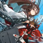  1girl aircraft aircraft_request airplane arrow_(projectile) blue_sky blurry bow_(weapon) brown_eyes brown_hair cloud depth_of_field hachimaki hakama hakama_shorts headband high_ponytail highres holding holding_arrow holding_bow_(weapon) holding_weapon japanese_clothes kantai_collection long_hair looking_at_viewer muneate ponytail quiver red_shorts shorts sky solo striped_headband sunday_aki weapon wide_sleeves zuihou_(kancolle) 