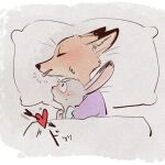  1boy 1girl ^^^ animal_ear_fluff animal_ears animal_nose arrow_through_heart black_eyes blush body_fur closed_eyes commentary_request dark fox_boy fox_ears from_above from_side furry furry_female furry_male furry_with_furry grey_background grey_fur hand_on_own_chest hand_up hetero hug hug_from_behind interspecies judy_hopps looking_at_another looking_up lying meme_(penpengusa_no_meme) nick_wilde nose_blush notice_lines on_side open_mouth orange_fur pillow profile purple_shirt rabbit_ears rabbit_girl shirt short_sleeves sleeping snout spooning sweat tongue tongue_out translation_request under_covers v-shaped_eyebrows wide-eyed zootopia 