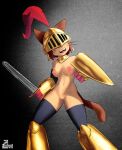 anthro areola armor black_clothing black_legwear black_nose black_thigh_highs breasts brown_body brown_fur brown_hair clothing domestic_cat felid feline felis female front_view fur gameoverse genitals glitch_productions gold_(metal) gold_armor hair hi_res holding_melee_weapon holding_object holding_shield holding_sword holding_weapon kit_bodega legwear mammal melee_weapon midevil navel nipples open_mouth pink_areola pink_nipples shield short_hair solo sword thick_thighs thigh_highs unconvincing_armor vulva weapon whiskers wide_hips