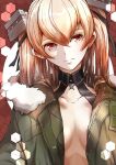  1girl absurdres boushi-ya breasts brown_eyes brown_hair commentary detached_collar expressionless green_jacket headgear highres jacket johnston_(kancolle) kantai_collection looking_at_viewer medium_breasts solo star_ornament topless_female two_side_up upper_body 