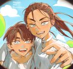  1boy 1girl alien_stage arm_around_shoulder bibi1015bibi brother_and_sister brown_hair choker commentary_request dark-skinned_female dark-skinned_male dark_skin grey_eyes highres hyuna_(alien_stage) hyunwoo_(alien_stage) long_hair long_sleeves open_mouth ponytail shirt short_hair siblings signature smile thick_eyebrows very_short_hair white_choker white_shirt 