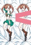  ankle_boots bed_sheet blush boots breasts brown_hair censored clothes_lift dakimakura green_eyes hair_ribbon long_hair lying lyn_(shunao) midriff multiple_views nanase_(under_night_in-birth) on_side open_clothes open_skirt panties ribbon school_uniform sheet_grab shoes single_shoe skirt small_breasts socks striped striped_panties sweater sweater_lift sweater_vest twintails under_night_in-birth underwear 