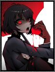  1girl absurdres black_hair blood blood_from_mouth blood_on_face bob_cut breasts cleavage commentary deadlock_(game) dress fangs food gloves highres holding holding_food holding_umbrella jacket lc_010406 looking_at_viewer makeup mina_(deadlock) open_mouth red_eyes red_gloves short_hair simple_background solo thighhighs umbrella vampire 