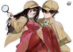  1boy 1girl alternate_costume ass black_hair blunt_bangs blush breasts brown_hat brown_jacket cameltoe carrying chitanda_eru collared_jacket collared_shirt commentary_request frown green_eyes green_necktie hat hetero hyouka jacket long_hair long_sleeves looking_at_another looking_down medium_breasts mery_(yangmalgage) necktie newsboy_cap open_clothes open_jacket oreki_houtarou pantyhose parted_lips princess_carry purple_eyes red_pantyhose red_skirt red_sweater shirt short_hair sidelocks simple_background skirt sweater thighs white_background white_shirt 