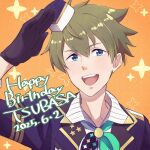  1boy 2026 88_elza_88 ahoge birthday blue_eyes commentary_request dramatic_stars_(idolmaster) green_hair hair_between_eyes happy_birthday hat idolmaster idolmaster_side-m kashiwagi_tsubasa looking_at_viewer male_focus open_mouth salute shirt smile solo teeth upper_body upper_teeth_only 
