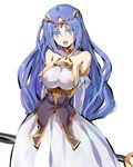  arms_behind_back blue_eyes blush breasts circlet covered_nipples dress large_breasts long_hair looking_at_viewer namuya nipples open_mouth original purple_hair see-through smile solo 