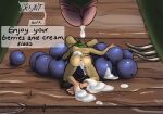 ambiguous_gender anthro anus blueberry_(fruit) bodily_fluids cum cum_bath cum_on_feet cutlery fairypuppers feet food food_fetish food_play foot_fetish fork fruit furniture gaping gaping_anus genital_fluids kitchen_utensils looming_over lying macro male mammal micro mouse murid murine on_front orc plant rodent size_difference slim soles speech_bubble table toes tools