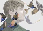  1boy blonde_hair blue_butterfly brown_eyes bug butterfly collared_shirt commentary english_commentary eyelashes green_shirt grey_background highres james_sunderland lettalettaletta looking_to_the_side male_focus parted_lips shirt short_hair sideways_glance signature silent_hill_(series) silent_hill_2 simple_background solo 