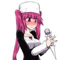  1girl bangs bleach blunt_bangs blush dokugamine_riruka fingernails green_nails hanya_(hanya_yashiki) hanyapunifu hat hitachi_magic_wand long_fingernails long_hair nail_polish pink_eyes pink_hair purple_eyes purple_hair simple_background solo sweatdrop twintails white_background white_hat 