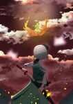  2girls absurdres apron black_bow black_bowtie blue_hair bow bowtie cloud cloudy_sky commentary_request dress duel gasubanana green_apron green_headscarf green_skirt green_vest grey_hair haniyasushin_keiki headscarf highres holding holding_sword holding_weapon katana konpaku_youmu long_sleeves medium_hair multiple_girls outdoors partial_commentary sheath shirt single_strap skirt skirt_set sky sword touhou unsheathing vest weapon white_shirt yellow_dress 