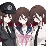  1girl anami_saki black_gloves black_hat black_necktie black_suit blue_sailor_collar bow bowtie brown_eyes brown_hair buttons collared_shirt commentary eggydgrp english_commentary gloves hand_on_own_hip hat hat_ornament highres looking_at_viewer multicolored_hair multiple_costumes multiple_views necktie official_alternate_costume original pink_bow pink_bowtie pink_hair sailor_collar school_uniform serafuku shirt simple_background suit two-tone_hair white_background white_shirt 
