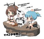  bad_id bad_pixiv_id bandages basket black_eyes blue_hair brown_hair chibi claws crossed_bandaids eating food green_eyes groin hair_ribbon hairband hat hat_removed head_bump headwear_removed horn injury kantai_collection left-to-right_manga midriff multiple_girls mutsu_(kantai_collection) navel onigiri ooshio_(kantai_collection) open_mouth pale_skin red_eyes ribbon seaport_hime shinkaisei-kan sitting sleeves_past_wrists smile takuan tears translated twintails white_hair yajirushi_kaku yokozuwari 