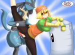anthro anthro_penetrating anthro_penetrating_human arms_(game) balls big_breasts breasts canid canine clothed clothed_sex clothing duo female female_human female_penetrated flexible generation_4_pokemon genitals hi_res human human_on_anthro human_penetrated interspecies lucario male male/female male_penetrating male_penetrating_female mammal min_min nintendo penetration penis pokemon pokemon_(species) pokephilia redradrebel sandbag_(super_smash_bros.) sex splits spread_legs spreading vulva