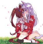  animal_ears aqua_bow blue_eyes bow commentary_request ear_bow ear_ribbon falling_petals hand_on_another's_leg high_ponytail holding_hands horse_ears horse_girl horse_tail mejiro_mcqueen_(umamusume) multicolored_hair petals ponytail purple_eyes purple_hair single_hair_streak streaked_hair tail tokai_teio_(umamusume) tomato_mameta tracen_training_uniform umamusume white_streaks yuri 