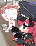  1boy 1girl :< :3 armband black_coat black_hat black_shirt blue_archive blue_halo blush_stickers chibi chibi_only coat commentary_request contrast_lapels cup disposable_coffee_cup disposable_cup doodle_sensei_(blue_archive) dual_wielding epaulettes from_above gehenna_academy_logo grey_eyes halo hat highres holding holding_cup iroha_(blue_archive) jitome korean_commentary lapels looking_at_another loose_necktie marching military_hat necktie open_mouth paper paper_stack red_armband red_hair red_necktie sensei_(blue_archive) shirt sleeves_past_fingers sleeves_past_wrists sweatdrop zeroku77 