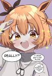  00017s 1girl :d absurdres aged_down animal_ears blush bow brown_ribbon dog_tags ear_bow ear_ribbon english_commentary english_text flat_chest hand_up highres horse_ears horse_girl long_sleeves looking_at_viewer mayano_top_gun_(umamusume) medium_hair orange_eyes orange_hair purple_background ribbon salute shirt simple_background smile solo sparkle speech_bubble standing teeth thought_bubble twitter_username two_side_up umamusume upper_body upper_teeth_only 