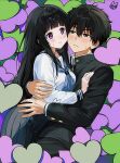  1boy 1girl black_hair black_jacket black_pants blue_neckerchief blue_sailor_collar blue_skirt blunt_bangs blush breasts chitanda_eru collared_shirt commentary_request double-parted_bangs embarrassed frown green_background green_eyes hair_between_eyes heart heart_background hetero hug hyouka jacket kamiyama_high_school_uniform_(hyouka) long_hair long_sleeves looking_at_another medium_breasts mery_(yangmalgage) neckerchief oreki_houtarou pants pleated_skirt purple_background purple_eyes sailor_collar school_uniform shirt short_hair sidelocks signature skirt smile sweat white_shirt 