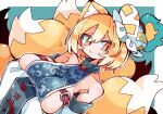  1girl :o alternate_costume animal_ears aqua_background bare_shoulders belt blonde_hair blue_tabard blush border breasts detached_sleeves dutch_angle fox_ears fox_girl fox_tail hands_in_opposite_sleeves hat highres huge_breasts looking_at_viewer massakasama mob_cap outside_border own_hands_together parted_lips revealing_clothes short_hair solo tabard tail touhou turtleneck upper_body white_border white_hat white_sleeves yakumo_ran yellow_eyes 