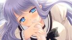  1boy 1girl black_bow black_bowtie blue_eyes blush bow bowtie braid censored cum cum_in_mouth double_bowtie fellatio frilled_sleeves frills game_asset grabbing_another's_penis grey_bow grey_bowtie hair_bow half-closed_eyes hand_up juliet_sleeves long_hair long_sleeves looking_at_penis mosaic_censoring nishimata_aoi non-web_source nose_blush official_art oral plaid_bow plaid_bowtie plaid_clothes puffy_sleeves purple_hair sailor_collar school_uniform self-datamine shirt single_braid tsuki_ni_yorisou_otome_no_sahou_2 white_bow white_sailor_collar white_shirt youkadou_sakuri 