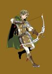  1boy armor armored_boots arrow_(projectile) bad_id bad_pixiv_id belt black_belt blonde_hair boots bow_(weapon) bow_pull brown_armor brown_boots brown_gloves brown_tabard cloak fingerless_gloves full_body gloves gold_trim green_cloak grey_armor grey_boots highres holding holding_arrow holding_bow_(weapon) holding_weapon hood hood_down hooded_cloak kawasumi_itsuki knee_boots leather leather_armor leather_boots legendary_bow_(small_bow)_(tate_no_yuusha_no_nariagari) legendary_bow_(tate_no_yuusha_no_nariagari) looking_at_viewer male_focus messy_hair minami_seira multicolored_boots muneate official_art pants promotional_art shirt short_hair simple_background single_tasset solo tabard tate_no_yuusha_no_nariagari two-tone_armor two-tone_boots weapon white_pants white_shirt yellow_background yellow_eyes 