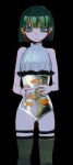  1girl aqua_eyes black_background blunt_bangs blunt_ends bob_cut byakugun expressionless fish fishbowl frills green_hair hair_behind_ear hands_on_own_stomach hands_up highres leotard original reflection reflective_liquid sketch skindentation sleeveless solo standing surreal thigh_strap thighhighs 