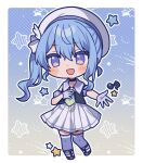  1girl :d asymmetrical_sidelocks beret black_choker black_shoes black_vest blue_background blue_eyes blue_hair blue_necktie blue_sailor_collar blue_thighhighs blush border bow choker commentary_request deformed detached_sleeves double-parted_bangs full_body gloves gradient_background gradient_necktie hair_between_eyes hair_bow hanasaki_ayame_(artist) hand_on_own_chest hat hololive hoshimachi_suisei hoshimachi_suisei_(old_design) medium_hair musical_note necktie open_hand open_mouth outline pleated_skirt puffy_detached_sleeves puffy_sleeves rounded_corners sailor_collar shoes side_ponytail sidelocks skirt smile solo star_(symbol) star_in_eye star_symbol_background symbol_in_eye thighhighs vest virtual_youtuber white_border white_bow white_gloves white_hat white_outline white_skirt winged_hat yellow_background yellow_necktie 