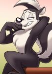 anthro black_body black_fur black_nose chest_tuft fur hair hi_res jusrhkuhoh looking_at_viewer looney_tunes male mammal markings mephitid multicolored_body multicolored_fur one_eye_closed one_leg_up pepe_le_pew raised_leg simple_background sitting skunk smile solo striped_markings striped_skunk striped_tail stripes tail tail_markings teeth_showing tuft two_tone_body two_tone_fur warner_brothers white_body white_face white_fur white_hair wink winking_at_viewer