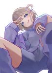  123haruno_oto 1girl arm_on_knee blonde_hair choker commentary_request from_below highres hololive hololive_dev_is jacket leg_warmers long_sleeves looking_at_viewer multicolored_hair off_shoulder open_clothes open_jacket open_mouth purple_choker purple_eyes purple_hair shirt short_hair shorts simple_background smile solo squatting streaked_hair todoroki_hajime todoroki_hajime_(1st_costume) two_side_up virtual_youtuber white_background white_jacket white_leg_warmers white_shirt white_shorts 
