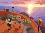  2others big_walk boulder bush cloud commentary_request concrete dancing flower gradient_sky highres looking_at_another multiple_others ocean red_flower s_awamori shadow signature sky solid_circle_pupils speaker sunset symbol-shaped_pupils white_flower wide_shot 