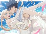  1boy 1girl ahoge artist_name artoria_caster_(fate) artoria_pendragon_(fate) bare_shoulders black_hair blonde_hair blue_eyes blue_sky blush bow breasts carrying closed_mouth cloud cloudy_sky commentary_request commission detached_sleeves dress fate/grand_order fate_(series) fujimaru_ritsuka_(male) green_eyes hetero high_heels holding jewelry kininosuke long_hair medium_breasts necktie open_mouth princess_carry ring shoes short_hair skeb_commission sky smile suit teeth twintails twitter_username upper_teeth_only wedding wedding_dress wedding_ring white_bow white_dress white_necktie white_shoes white_suit 