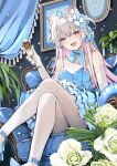  1girl :d animal_ear_fluff animal_ears armchair bare_shoulders blue_bow blue_dress blue_shoes bow breasts cat_ears chair cleavage commentary crossed_legs crown cup curtains dress elbow_gloves feet_out_of_frame flower frilled_pillow frills gloves gradient_hair grey_hair hair_bow half-closed_eyes highres holding holding_cup indie_virtual_youtuber indoors long_hair looking_at_viewer medium_breasts mini_crown multicolored_hair natsume_eri natsume_eri_(vtuber) on_chair pantyhose pillow pink_hair red_eyes shoes smile solo strapless strapless_dress tassel two-tone_hair two_side_up untranslatable_commentary very_long_hair virtual_youtuber white_bow white_flower white_gloves white_pantyhose 