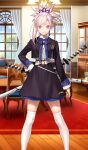  1girl belt black_jacket black_skirt blue_eyes blush bow bowtie collared_shirt commentary_request cropped_jacket fate/grand_order fate_(series) game_asset hair_ribbon jacket katana koyama_hirokazu long_hair long_sleeves looking_at_viewer miyamoto_musashi_(academy_outfit)_(fate) miyamoto_musashi_(fate) official_art partial_commentary pink_hair ponytail ribbon sheath shirt skirt smile solo swept_bangs sword thighhighs thighs third-party_source weapon white_shirt white_thighhighs 