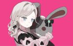  1girl :t black_ribbon blue_eyes ceras_yanagida_lilienfeld ceras_yanagida_lilienfeld_(birthday_jirai_kei) churhami commentary flower-shaped_hair frilled_sleeves frills grey_hair hair_intakes hair_ribbon highres long_hair long_sleeves looking_at_viewer love_live! love_live!_hasu_no_sora_jogakuin_school_idol_club nadenna_(cevio) parody pink_background pink_shirt pout puffy_long_sleeves puffy_sleeves ribbon shirt simple_background solo stuffed_animal stuffed_rabbit stuffed_toy upper_body virtual_youtuber 