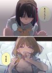  2girls black_hair blunt_bangs blunt_ends blush bob_cut camisole closed_mouth colored_speech_bubble commentary dress hasu_no_sora_school_uniform highres inverted_bob kachimachi_kosuzu love_live! love_live!_hasu_no_sora_jogakuin_school_idol_club momose_ginko multiple_girls neckerchief open_clothes open_dress partially_undressed pipi_(m1x_mix) protected_link sailor_collar sailor_dress school_uniform short_hair speech_bubble summer_uniform sweat translation_request undone_neckerchief virtual_youtuber white_camisole white_dress white_sailor_collar yellow_neckerchief yuri 