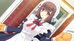  1girl apron back_bow blue_dress bow bowtie brown_eyes brown_hair double_bowtie dress dutch_angle game_asset gloves hand_up juliet_sleeves long_sleeves looking_at_viewer maid maid_headdress momiyama_momiji nishimata_aoi non-web_source official_art open_mouth puffy_sleeves red_bow red_bowtie self-datamine sleeve_cuffs smile standing tsuki_ni_yorisou_otome_no_sahou_2 white_apron white_bow yellow_gloves 