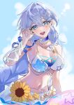  1girl :d bikini blue_hair choker collarbone commentary_request facial_mark flower green_eyes hagi_0929 hair_between_eyes hair_ornament hand_up highres honkai:_star_rail honkai_(series) jewelry long_hair navel necklace ribbon robin_(honkai:_star_rail) robin_(summeretto)_(honkai:_star_rail) smile solo star_(symbol) star_print starfish_hair_ornament strap sunflower swimsuit very_long_hair wet 
