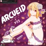 1girl arcueid_brunestud arcueid_brunestud_(mooncancer) bandeau bare_shoulders barefoot blonde_hair blue_ribbon colored_skin commentary english_text fate/grand_order fate_(series) feet flower frilled_bandeau frilled_skirt frills hair_flower hair_ornament hair_ribbon knee_up multicolored_skin purple_background red_eyes ribbon short_hair single_hair_intake sitting skirt solo srgrafo strapless toes turning_head two-tone_bandeau two-tone_skin white_bandeau white_flower white_skirt 