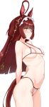  1girl absurdres ahoge animal_ears bare_arms bare_shoulders bikini blunt_bangs blunt_ends blunt_sidelocks blush breasts commentary_request hair_between_eyes hairband highres horse_ears horse_girl horse_tail long_hair medium_breasts navel raindrop746079 red_desire_(umamusume) red_hair red_hairband red_headdress red_veil sidelocks solo star_ornament stomach swimsuit tail teeth thighs umamusume veil white_bikini yellow_eyes 